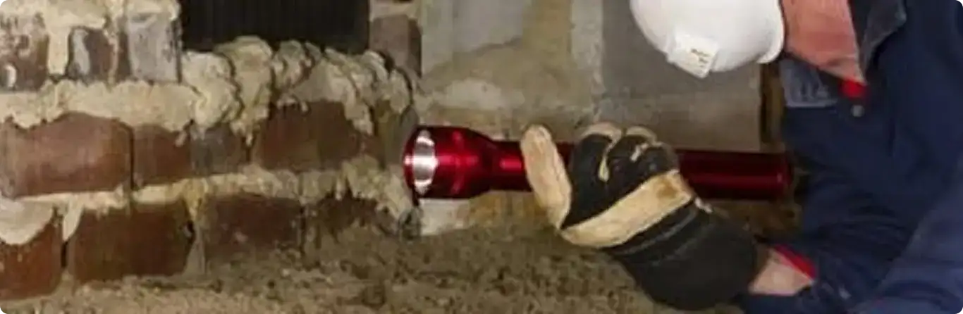 Pest control technician inspecting a crawl space for ant activity in Lenexa, KS