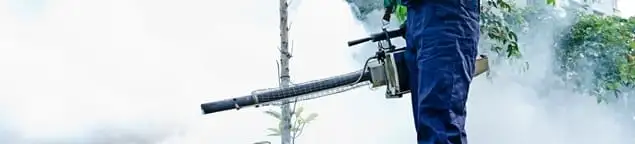 Pest control technician fogging an outdoor area for insect control in Kansas City, MO