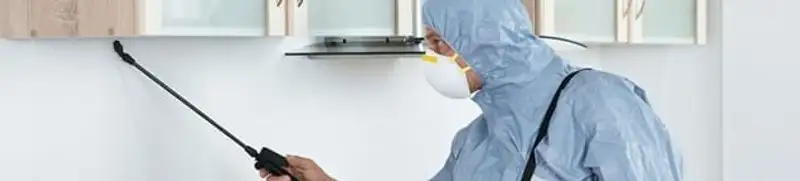 Termite treatment technician applying indoor pest control spray in Kansas City, MO